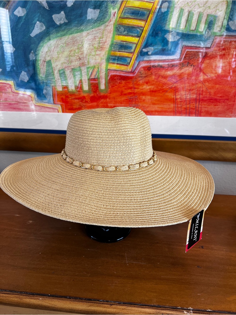 MILANO Italian Design Wide Brim Straw Sun Hat UPF 50+ Gold Chain Tan NWT